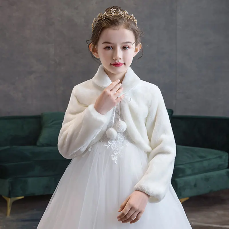 Cape en fausse fourrure pour enfants, blanc, rouge, fille, vêtements chauds d'hiver, robe de soirée de mariage, châle, veste de mariage, haussement d'épaules ronds, manteau BEmbed O