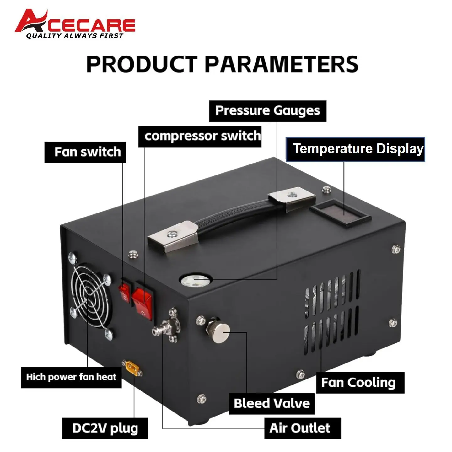 ACECARE 4500Psi 300Bar PCP Air Compressor with Portable Car 12V Transformer High Pressure PCP Compressor for Airgun Diving Tank