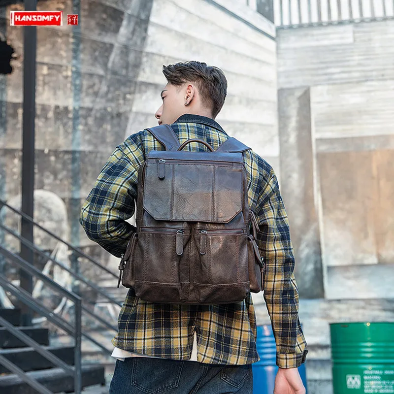 Men's Backpack Casual Trend School Bag Men Travel Backpacks Original Design Handmade Leather College Wind Personality Leather