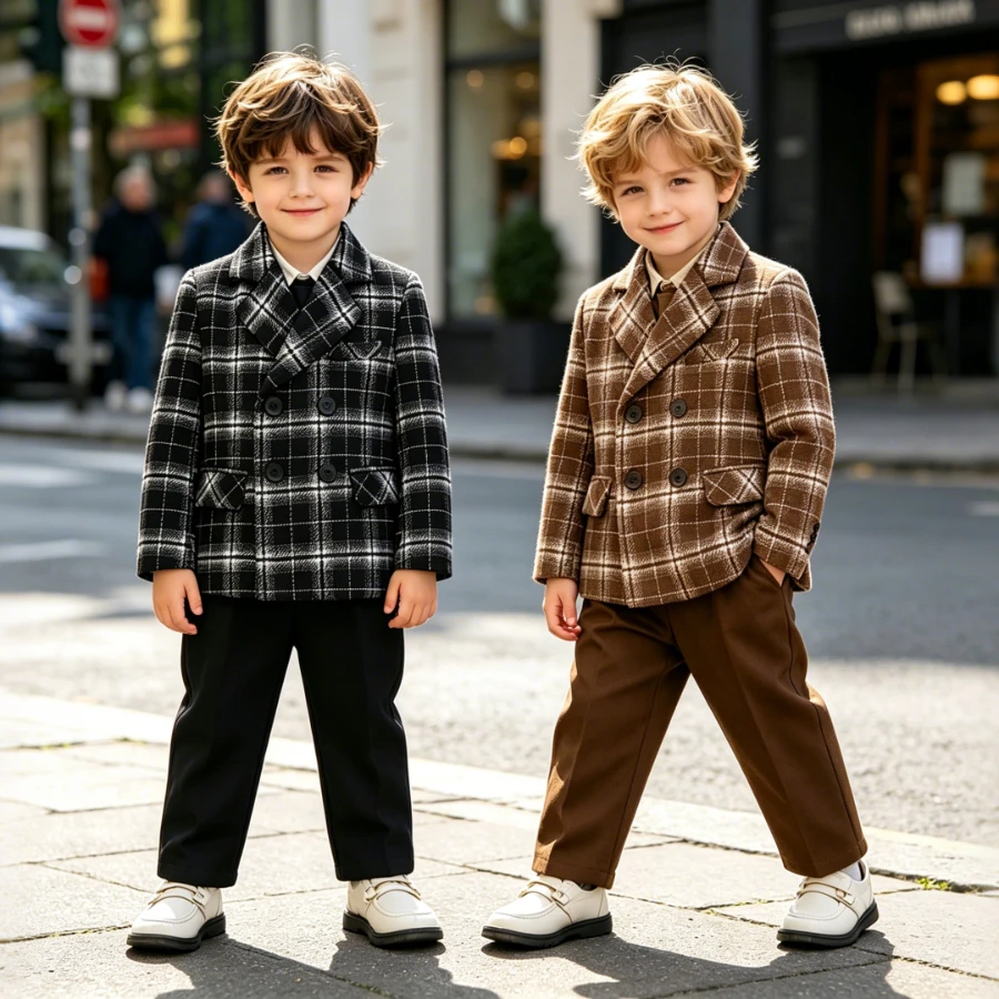 Kids Formal Performance Suit Plaid Double Breasted Wool Blazer Pants Boys Graduation Catwalk Wedding Gentleman Party Costume