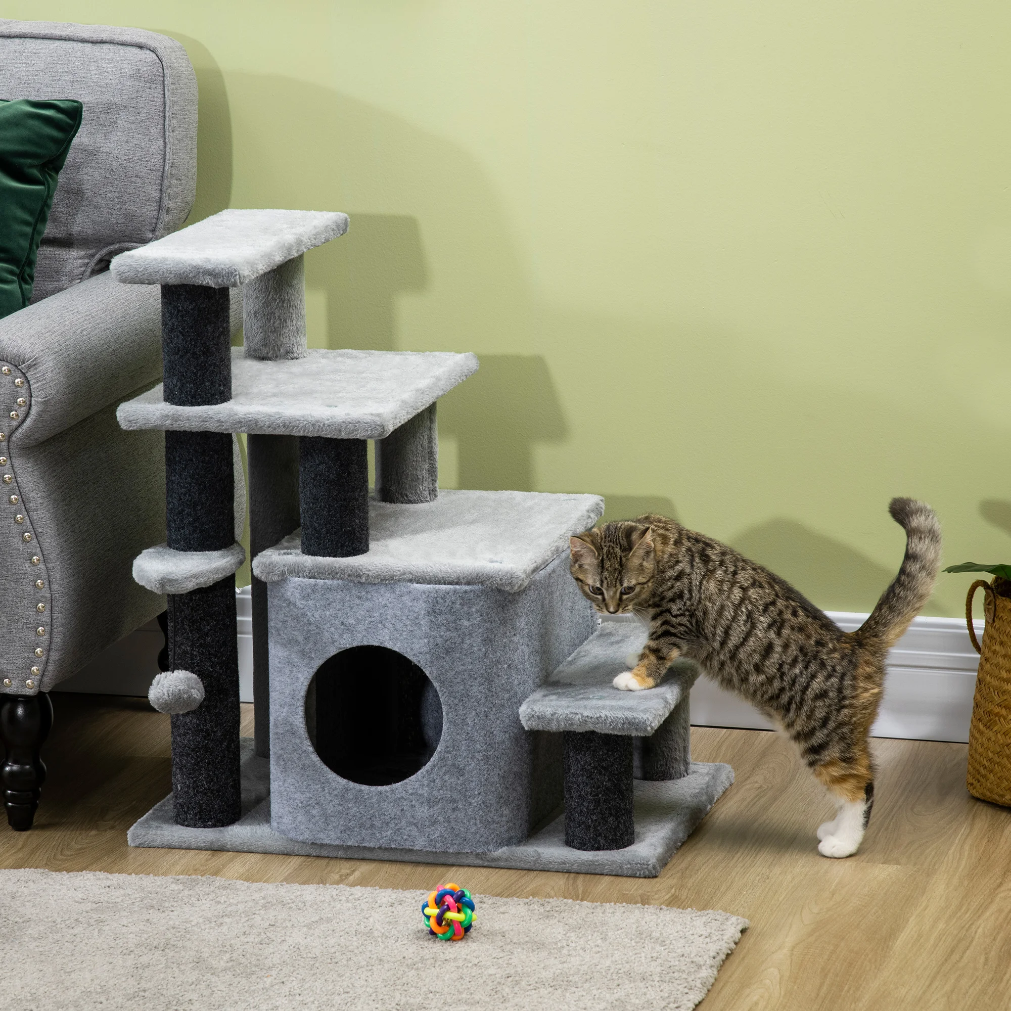 Haustiertreppe, 3/4-stufige Katzentreppe mit Schlafhöhle & Spielball, Plüschbezug, stabile Spanplatte für Katzen