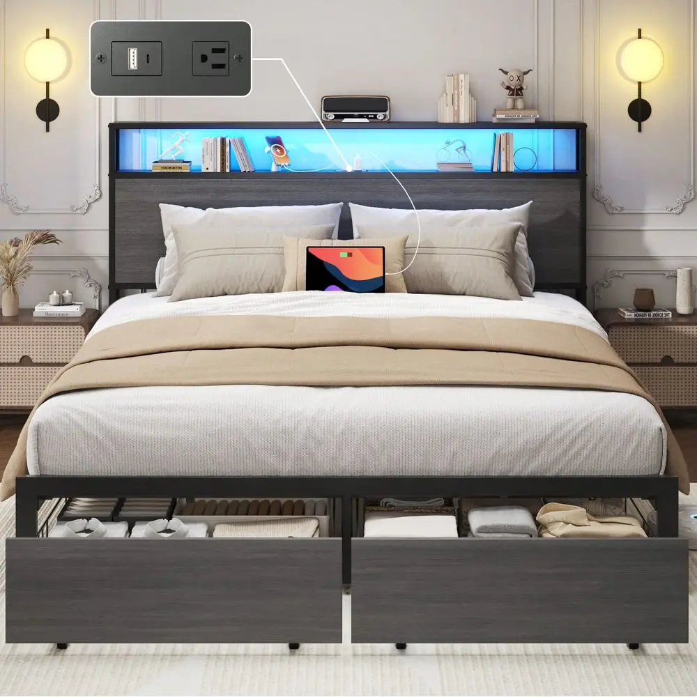 Full Bed Frame With Storage, 2Tier Storage Headboard BuiltIn Drawers, Metal Platform Bed With USB Charging Station LED Lights, N
