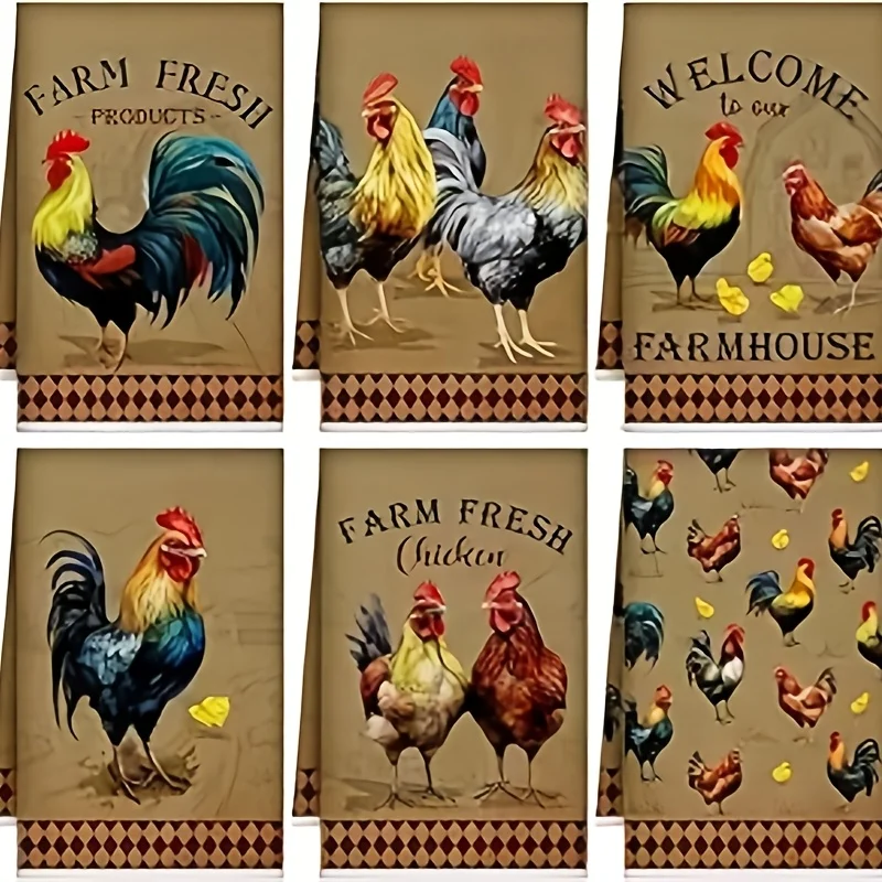 6-Piece farmhouse kitchen towels chicken cock kitchen decorative farm animal hand towels for cooking and baking