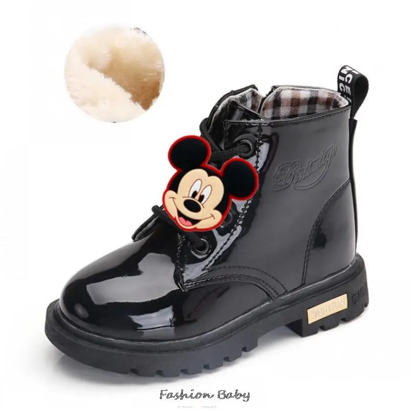 Disney Minnie Mouse Winter Girls Fashion Princess Snow Fur Boots Sequins Kids Plush Warm Non-Slip Shoes For Children