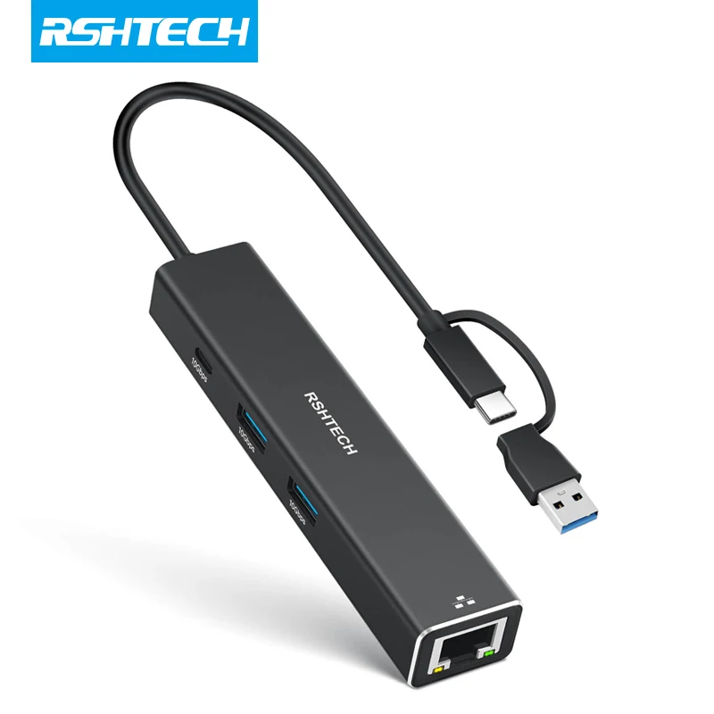 RSHTECH USB C To Ethernet Adapter Aluminum 4-Port 10Gbps Hub with 1000Mbps RJ45 Network Port USB Splitter for MacBook Pro Laptop