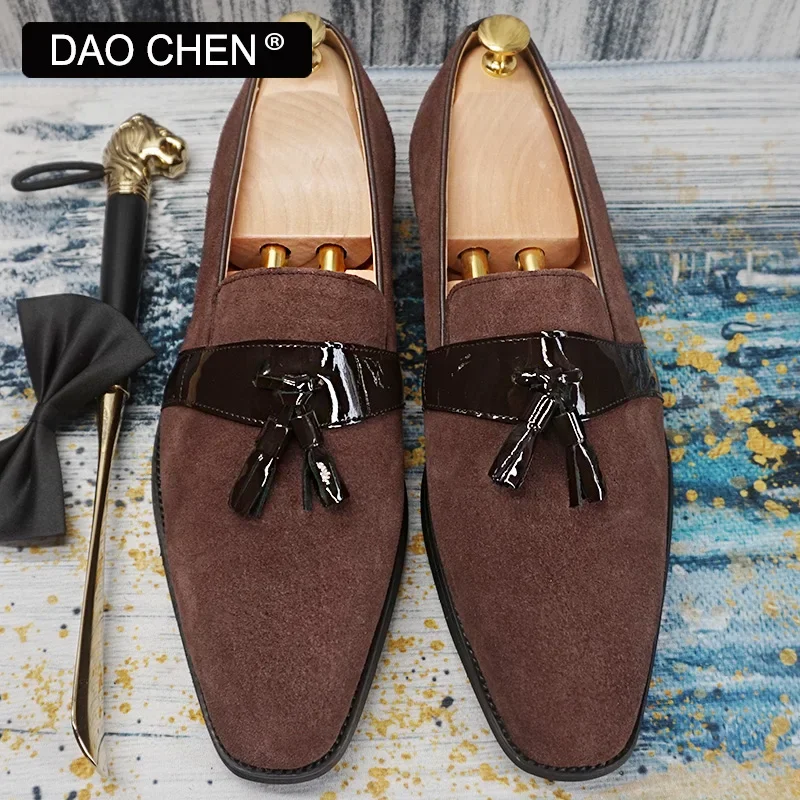 

LUXURY BRAND MEN SUEDE SHOES BLACK BROWN TASSEL LOAFERS SLIP ON CASUAL MENS DRESS SHOES WEDDING OFFICE MEN LEATHER SHOES