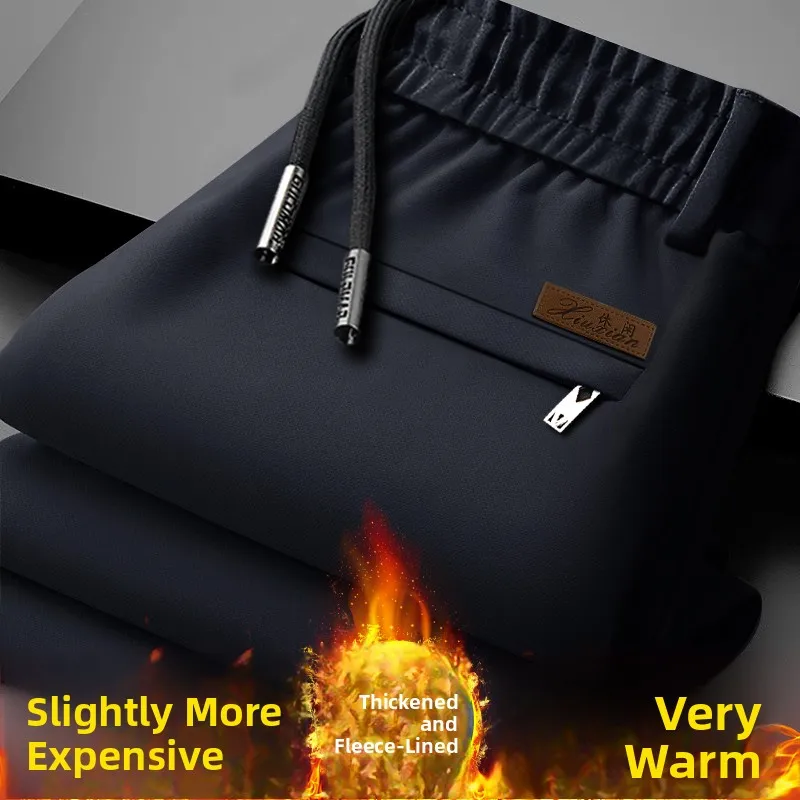 Men's Casual Straight Leg Pants Fleece Lined Winter Fashion Sport Trousers Youth Large Size Loose Fit Korean Style