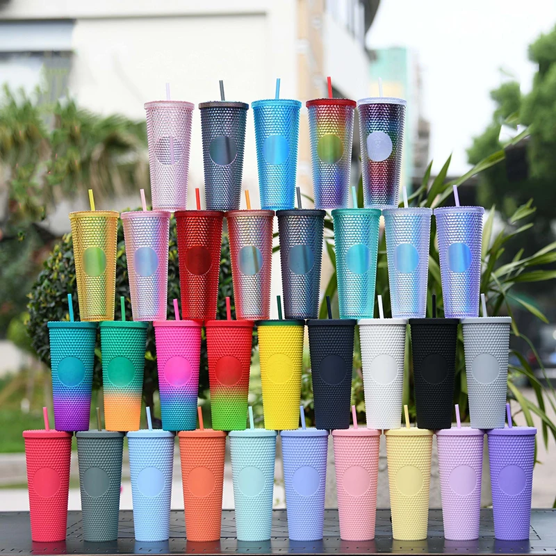 Hot Selling 24 oz Studded Tumbler Double Wall Acrylic Matte Tumbler Reusable Plastic Cup with Lid and Straw