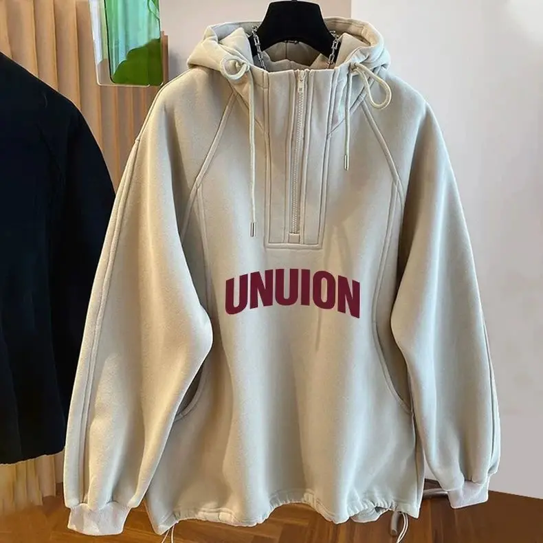 نمط غير رسمي للرجال/المرأة بيج فاتح هوديي نصف البريدي البلوز طباعة المتضخم ملابس الشارع الشهير البلوز لارتداء اليومي