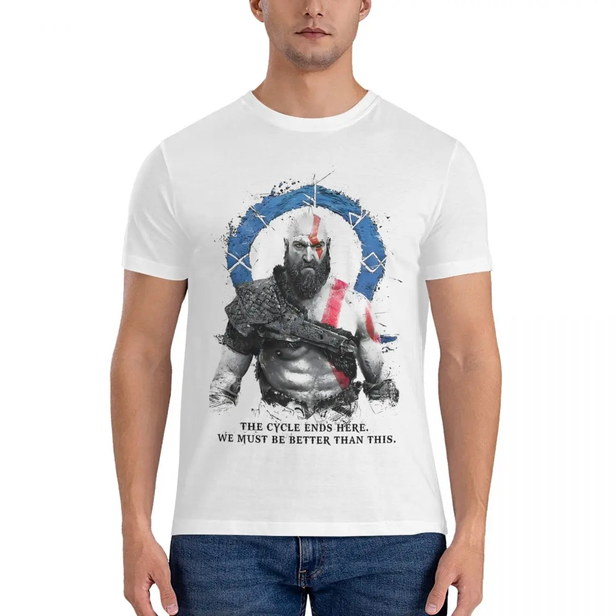 Men T-Shirt Kratos Vintage Pure Cotton Tees Short Sleeve God Of War T Shirt O Neck Clothing New Arrival