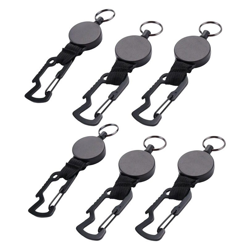 

6 Pack Retractable Keychain - Heavy Duty Badge Holder Reel With Multitool Carabiner Clip, Up To 25 Inches,Black