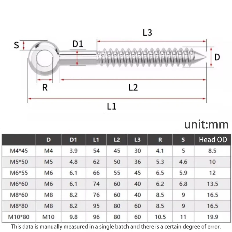 316 Stainless Steel Self Tapping Eyelet Hook Screws M4 M5 M6 M8 M10 Eye Shape Ring Bolt Wood Terminal Wire Rope Fittings