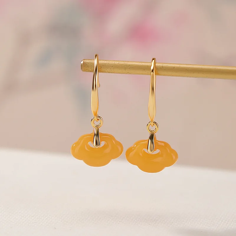 

S925 Sterling Silver Gold-Plated Amber Ruyi Earrings Elegant Versatile National Style Hooks Ear Jewelry