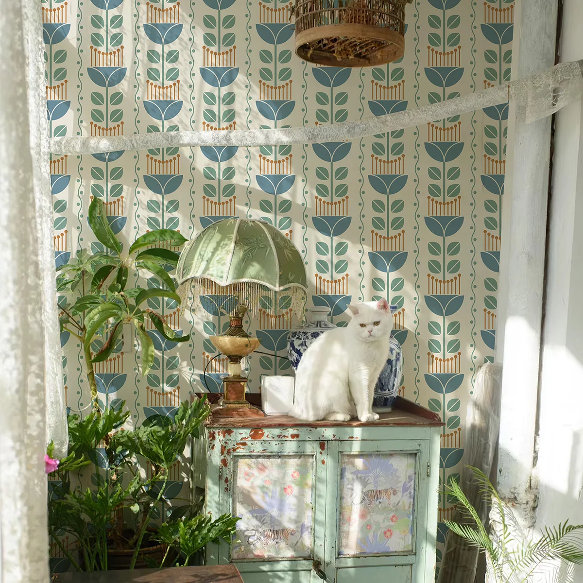 Fresh Blue Bohemian Floral Wallpaper Self Adhesive Waterproof Boho Flower Peel and Stick Wallpaper for Living Room Decor