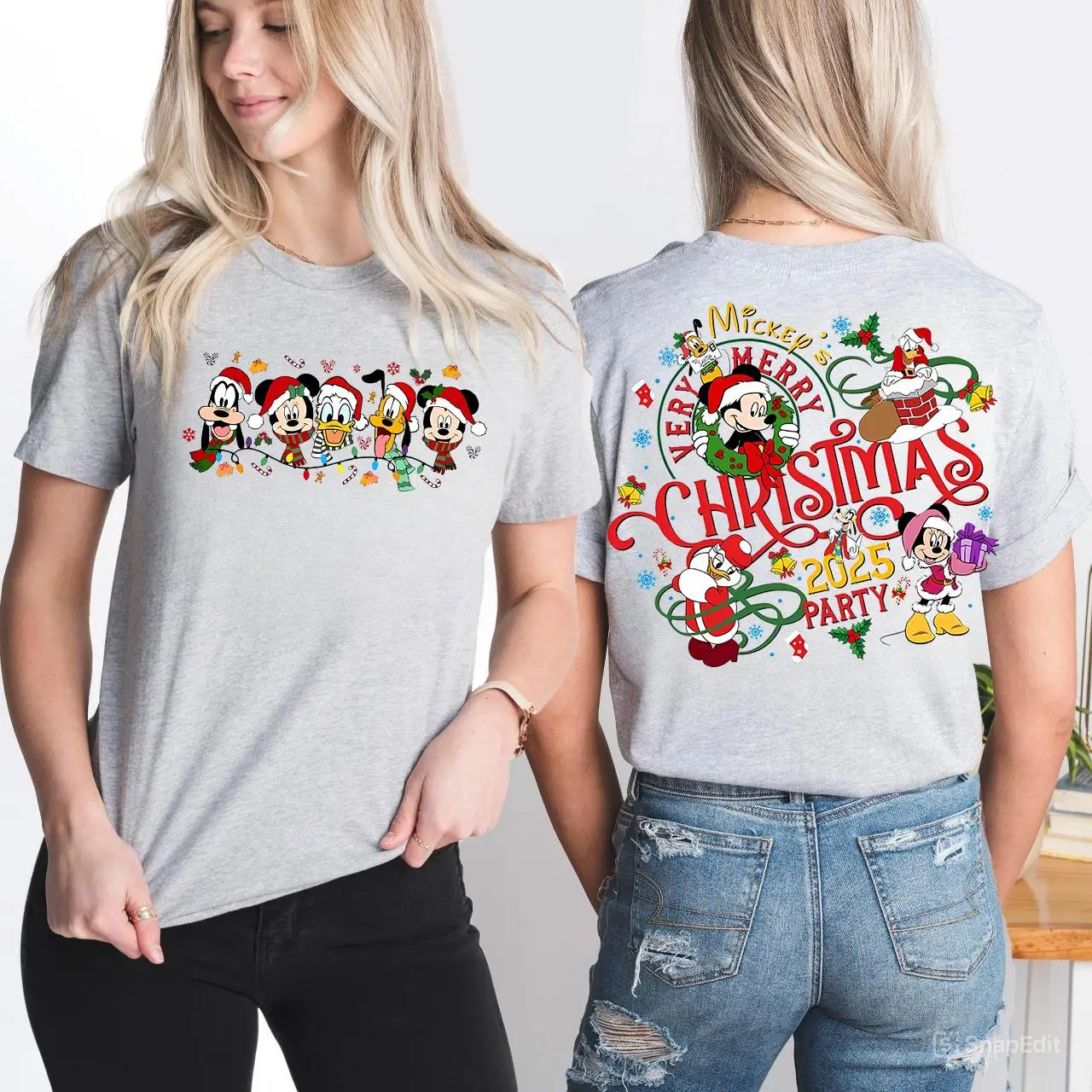 

2-Sided Mickey's Very Merry Christmas Party Disney Santa Mickey And Friends Group Christmas Lights PNG, Disneyland Xmas Tee