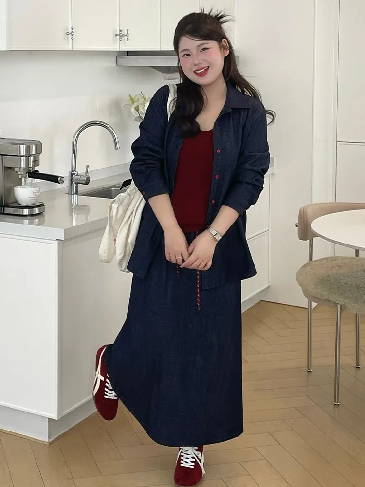 

Spring Women's Clothing Plus Size Denim Two Set Long Sleeve Cardigan Maxi Skirt Stretchy Solid Outfit For