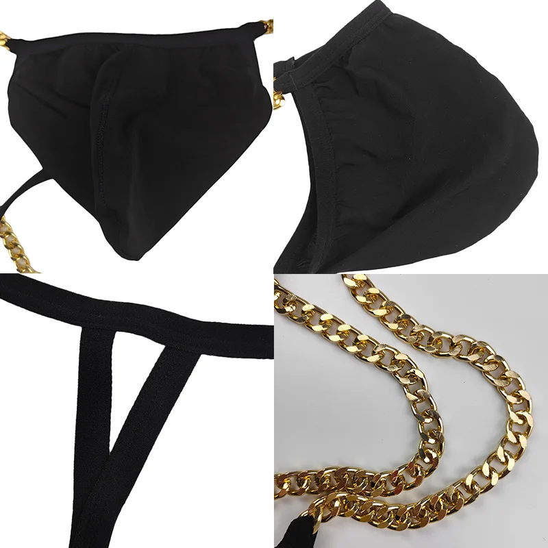 Men\'s Sexy Ice Silk Open Buttocks Mini Micro Panties Metal Thin Chain Thong T Back Low Rise Ultra Thin Exotic Lingerie