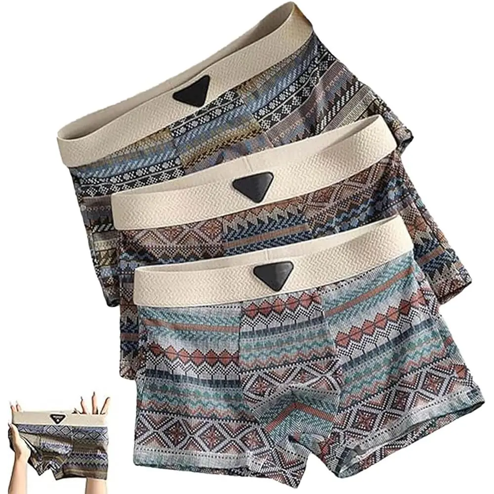 New Cotton Boxer Briefs Ultra Soft Breathable Seamless Briefs Ethnic Style 3D Support Pouch Men's Underwear