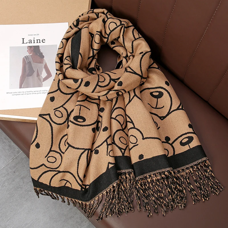 Thick Blanket Bear Print Scarf Women Winter Cashmere Warm Design Pashmina Shawls Lady Wraps Poncho Stoles Female Bufanda 2023