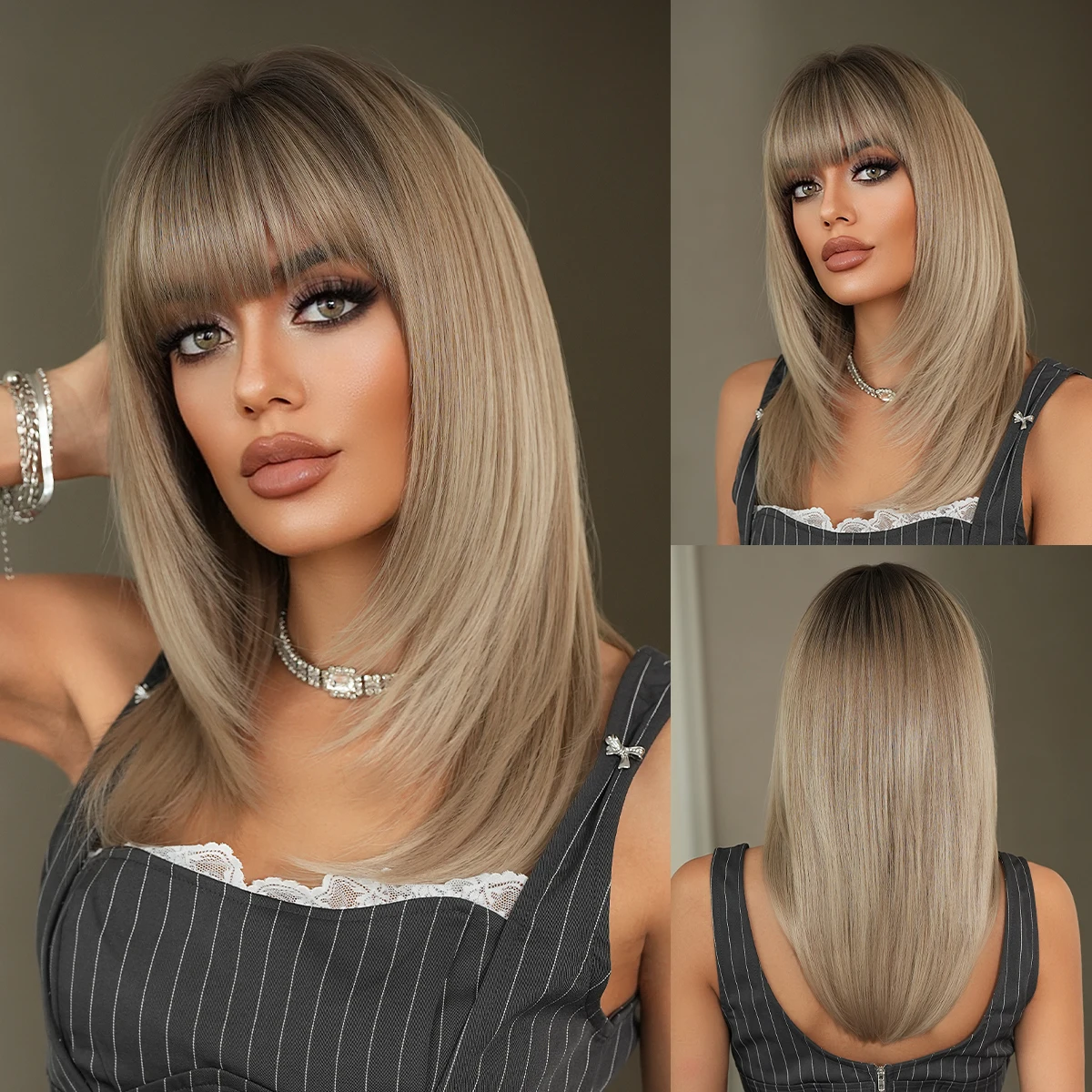 NAMM Shoulder length Long Wavy Light Brown Wigs for Women Daily Party High Density Synthetic Dark Roots Hair Wigs with Bangs