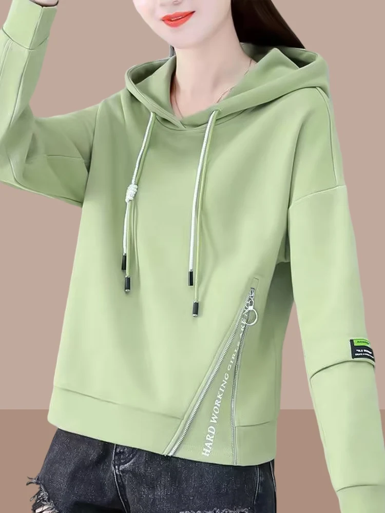 Spring Autumn 2026 Ladies Hoodie Long Sleeve Thin Model Short Size Small Trendy Commute Style round Neck Korean Version Polye...