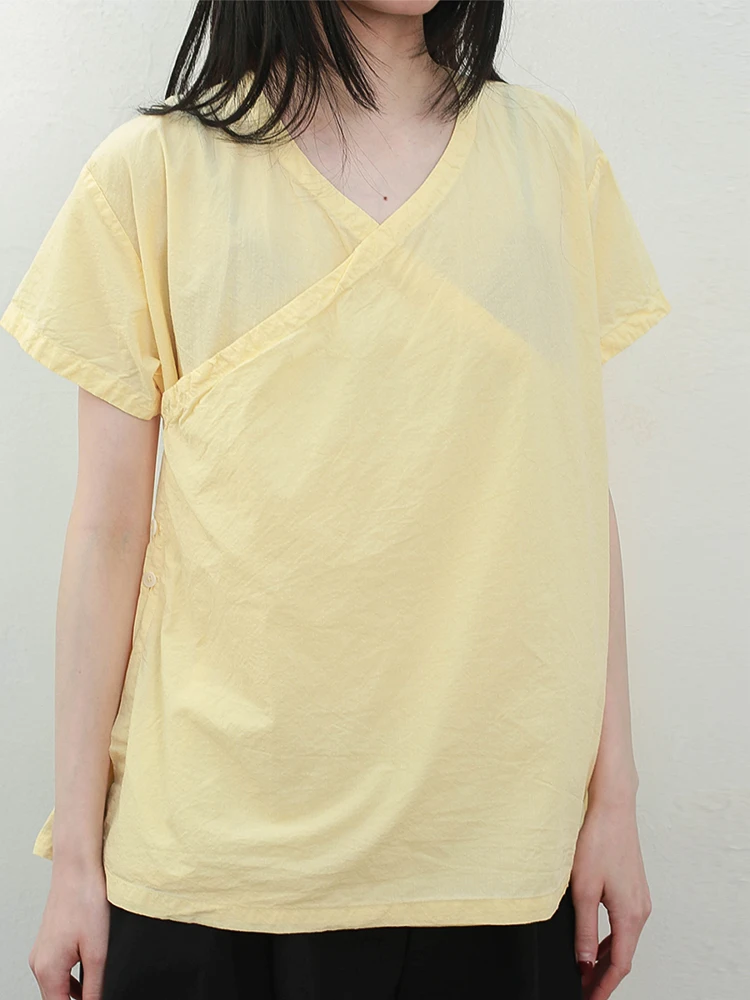 

Хлопковая женская футболка-блузка в китайском стиле с V-образным вырезом, с мелкими квадратными складками, модная