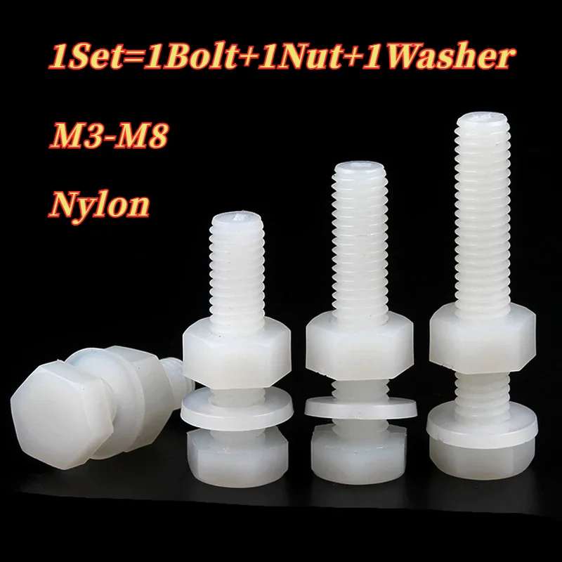 

White Outer Hexagonal Nylon Screws Nuts Washer Metric Threaded Insulated Plastic Bolts Combination Set M3 M4 M5 M6 M8 5-100 Set