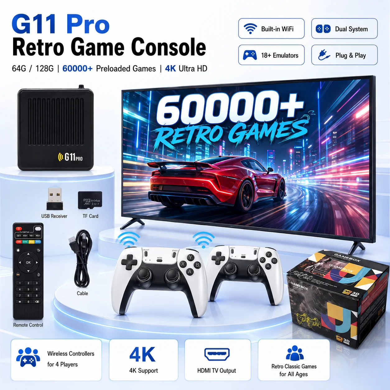 G11 Pro Dual System Game TV Box 4K Ultra HD Video Game Console, Low Latency 2.4G Wireless Controllers, Multi Emulator Support