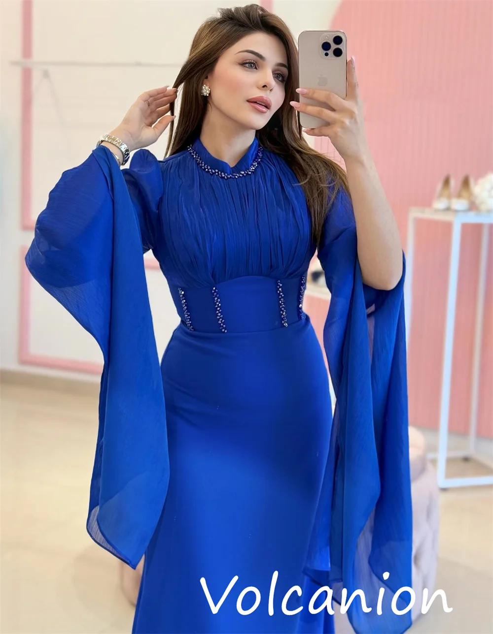 Customized High Quality Jersey Sequined Pleat A-line Scoop Neck Long Dresses Bespoke Occasion Classic Fashion