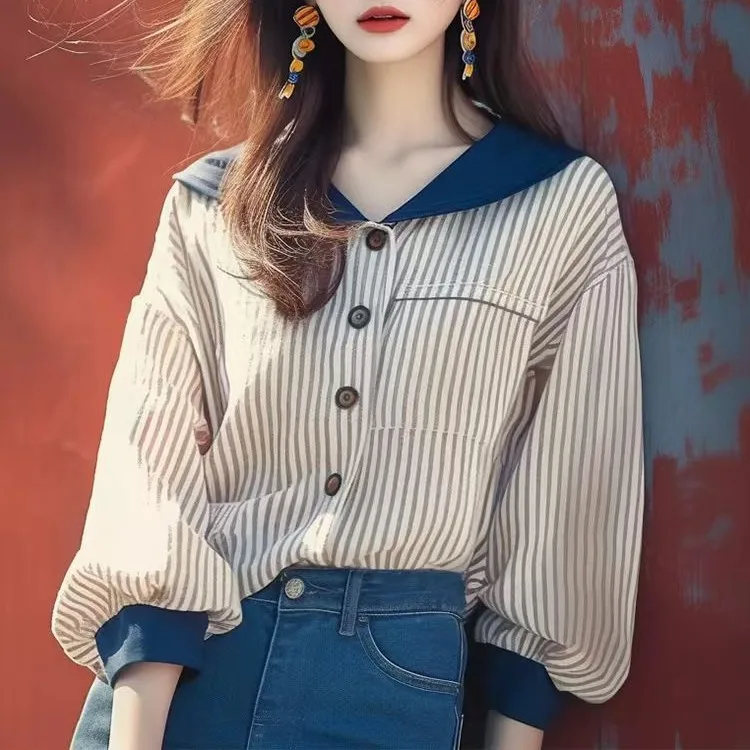 

Chic Early Autumn 2024 irt Trendy Small ence Navy Collar Stripe Top Peach Color Korean Sle Age Reduction Sweet Sle