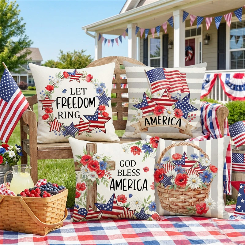 VIKAMA Vintage Stars Stripes Patriotic Pillowcase Bedroom Living Room Sofa Home Decor Polyester Cushion Cover with Zipper