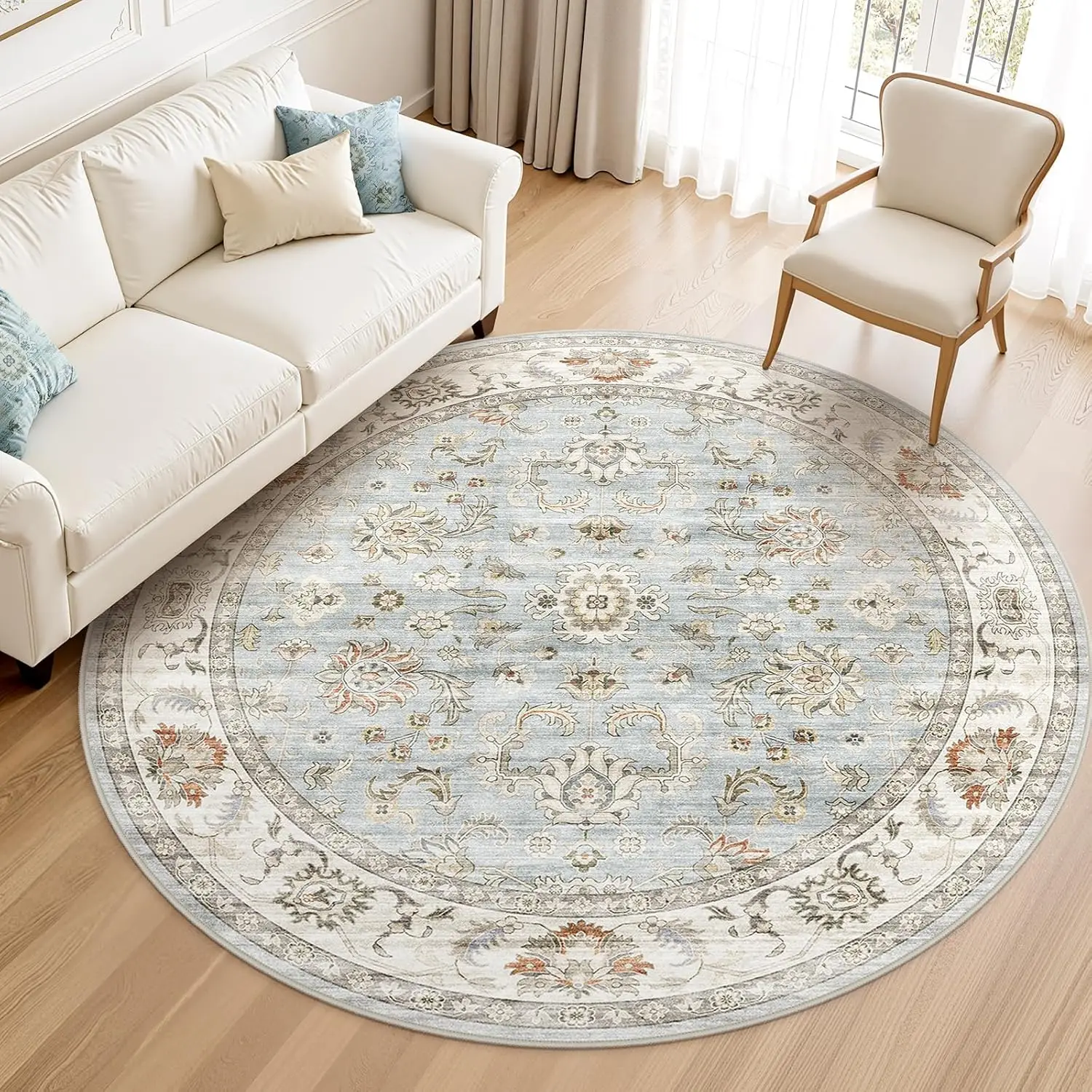 

Light Blue Vintage Persian Round Rug Ornate Medallion Floral Border Classic Style