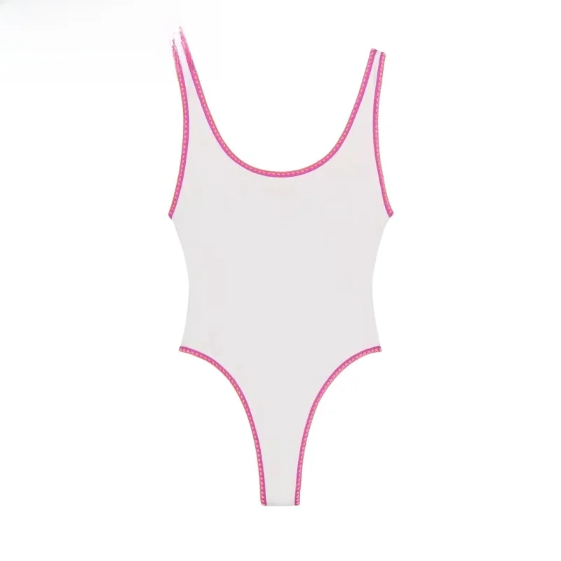 

Summer New Women's One-Piece Swimsuit round Ne Color Blo Stitching Stripe Decoration Simple High Waist ort Pant High Waist