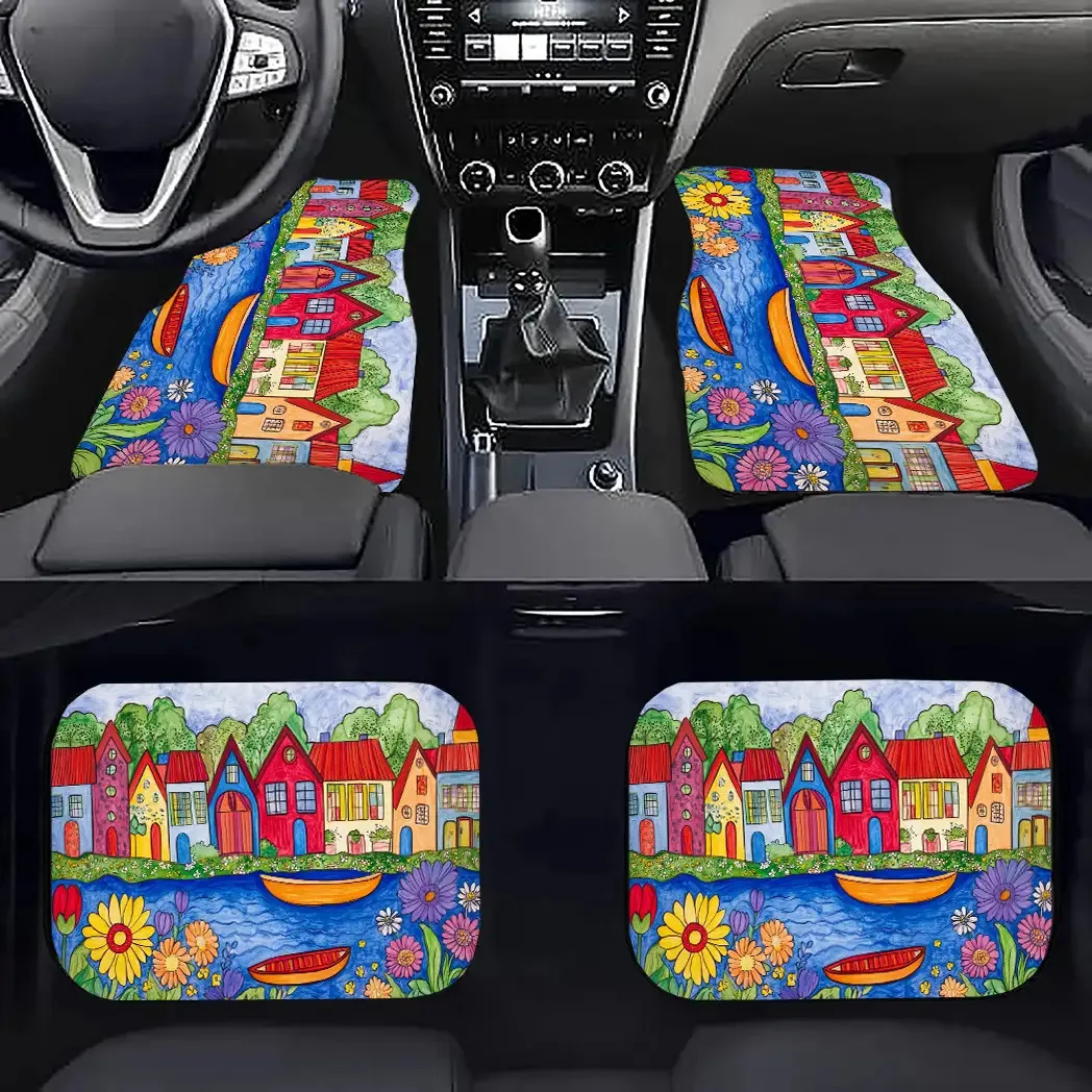 HKStorage All-Weather Non-Slip Car Floor Mats With Dutch-Style Riverside & Floral Design - Vibrant Blue/Yellow/Red/Pink/Beige/ G
