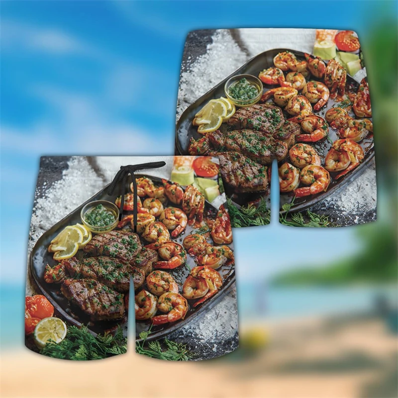 Calção de praia com estampa 3D masculina, comida de bife, churrasco, calça curta, roupas havaianas grelhando, calção deliciosa, calça menino