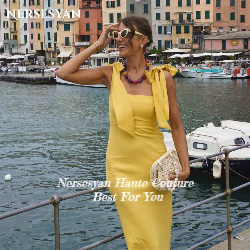 Nersesyan élégant jaune sirène robes de soirée bretelles Spaghetti nœud col carré robes formelles robe de soirée d'invité personnalisé