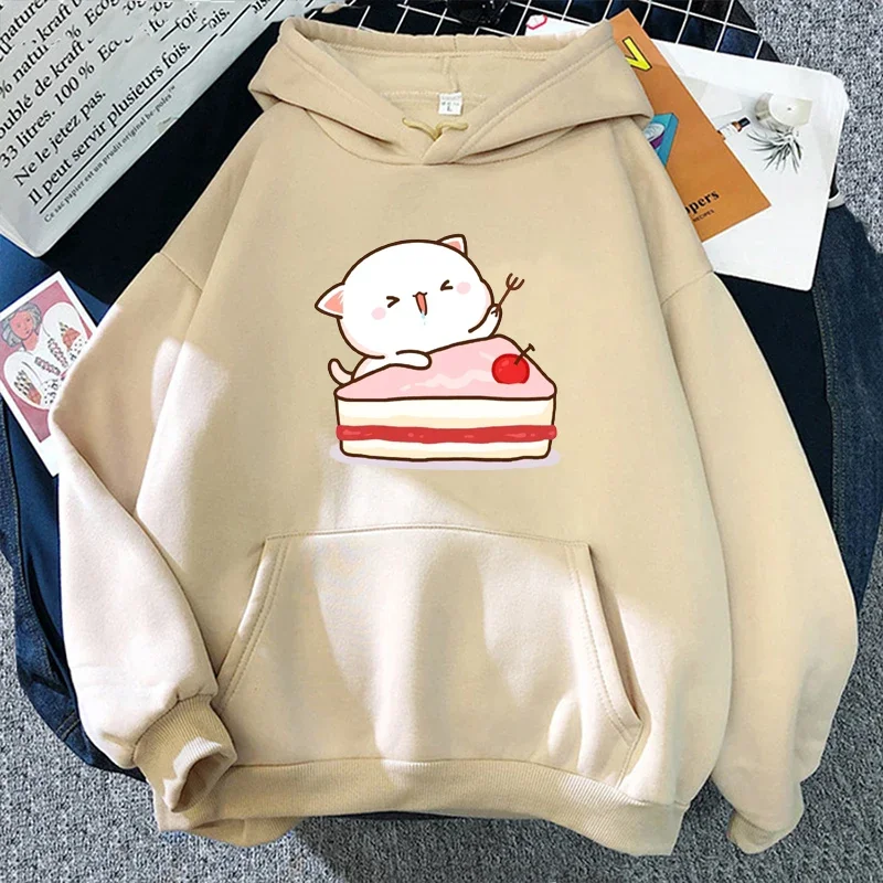 Peach Cat Eat Cherry Cake Hoodie Kawaii Cartoon Pattern Warm Winter Clothes Women Couple Printed Long Sleeve Outerwear