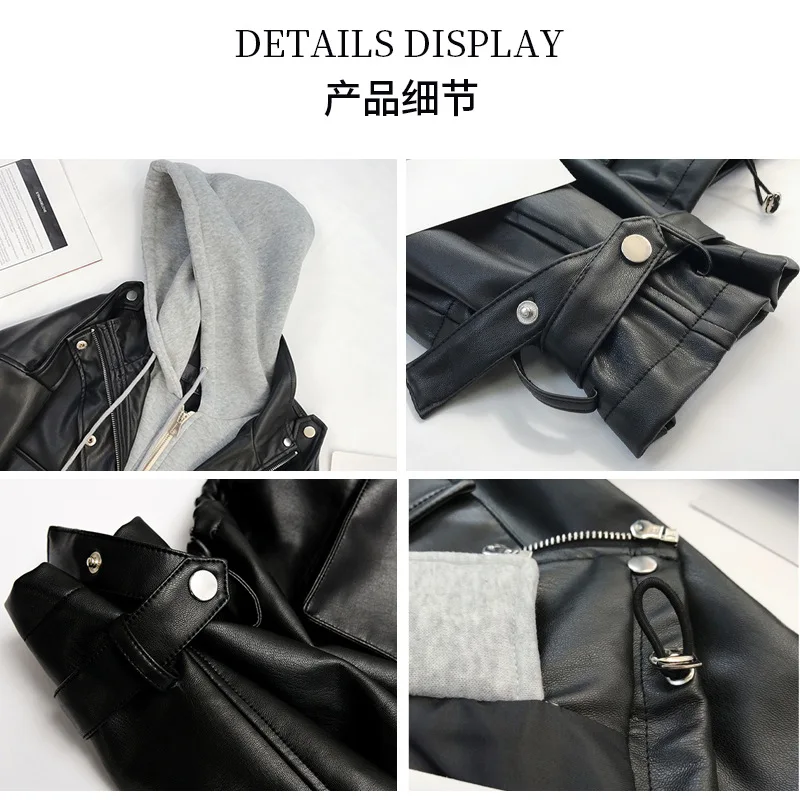 Fake Two Piece Leather Jacket for Women Black PU with Fleece Short Style Motorcycle Leather Jacket