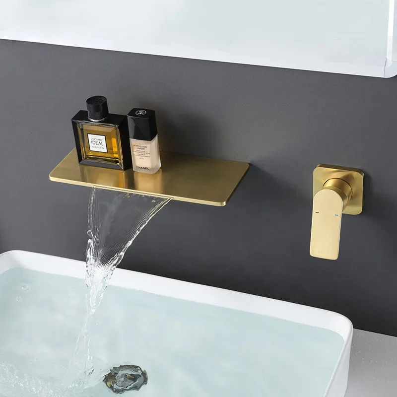 Brushed Gold Brass Basin Faucet Waterfall Output Hot and Cold Water Wall Mounted Split Independent Switch Faucet