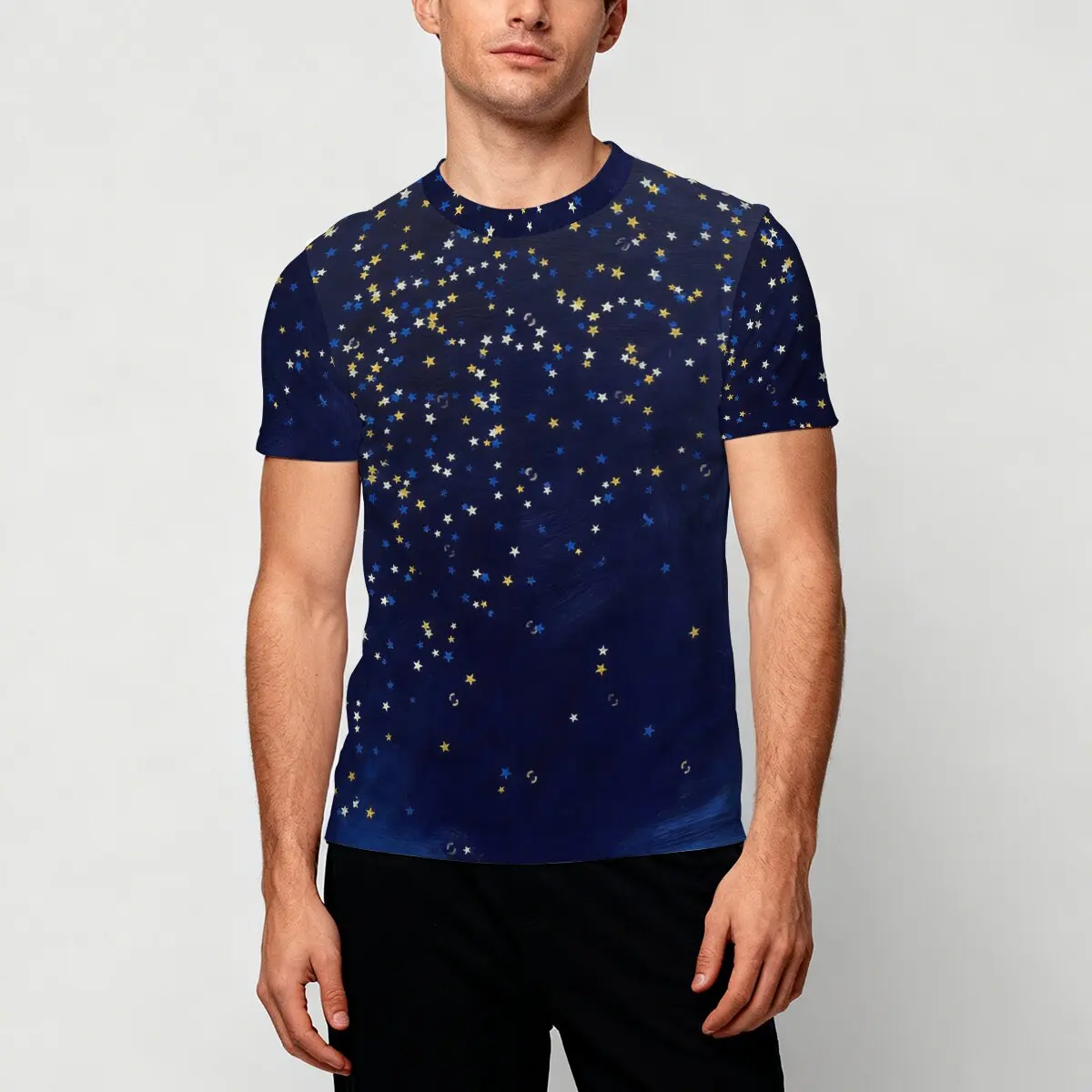 Simple and Personalized Starry Sky Print Men's Summer Round Neck Short Sleeved T-Shirt, Fashionable and Versatile Daily Top