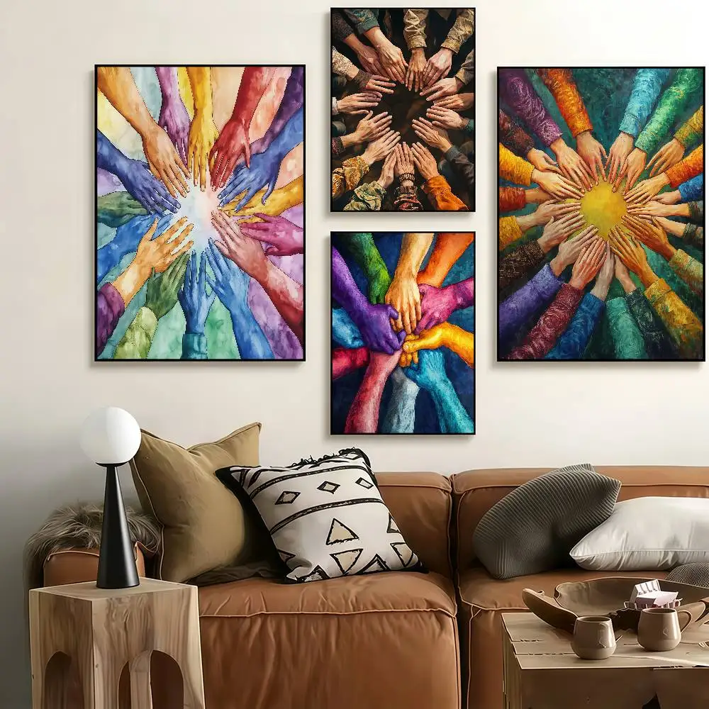 Teamwork Helping Hands Inspirational Vibrant Poster Stickers Art Print Retro Artistic Wall Decor HD Living Room DecorUnique Gift