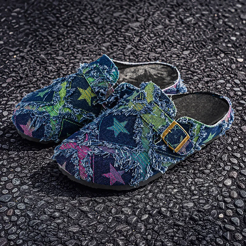 Star Faux Denim Fringed Fashion Slides for Men, Vintage Distressed Half-Slippers, Flat Casual Outdoor Shoes