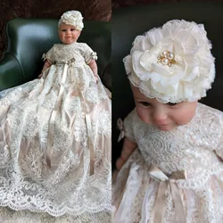 Lace Christening Gown for Baby Girls Champagne Underneath First Communion Dress Toddler Infant Baptism Gowns