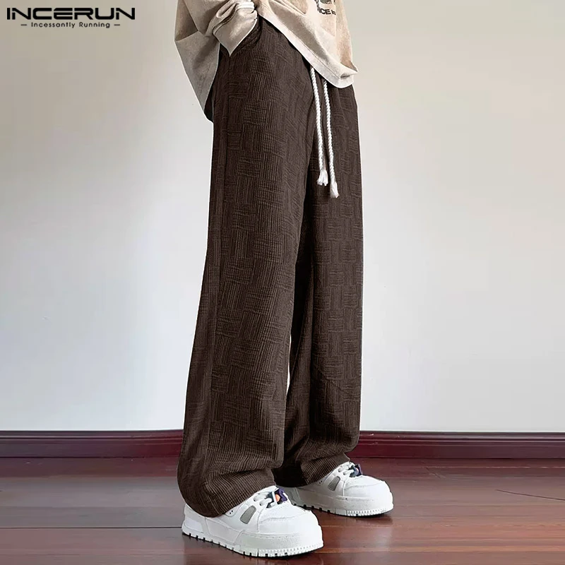 INCERUN 2025 Korean Style Trousers Fashion Men's Personality Printed Square Straight Wide Leg Pants Casual Streetwear Pantalons