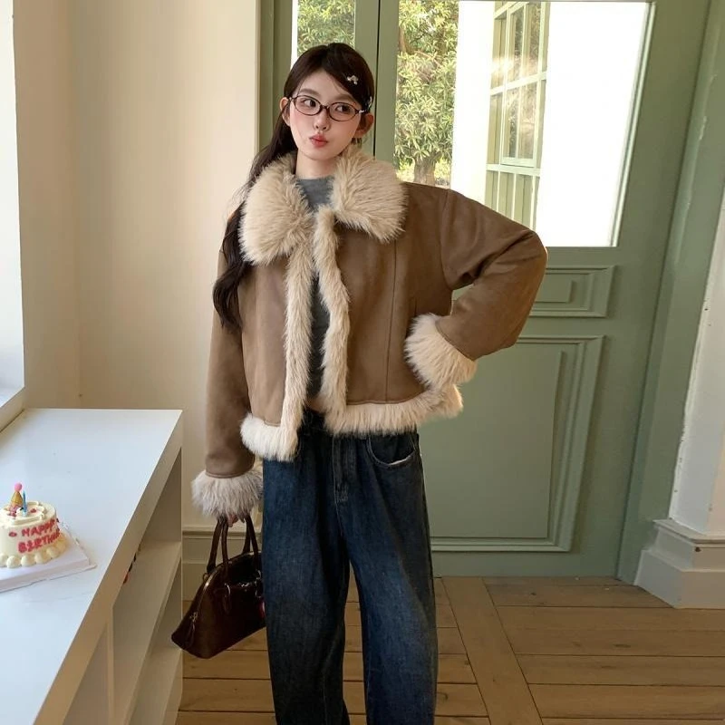 المرأة شتاء 2025 وصول جديد خمر النمط الأمريكي صوف الضأن سترة قصيرة عادية محب معطف قصير مع مظهر مميز #1