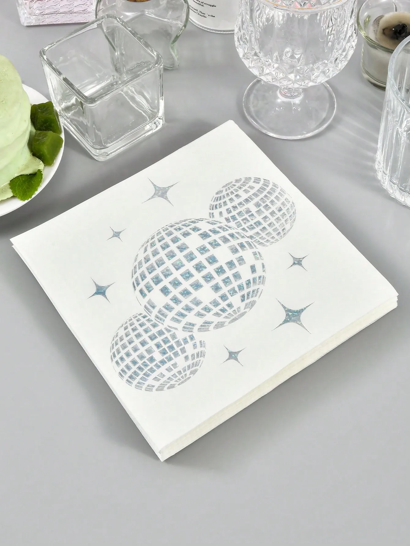 20 disposable silver-printed disco party cocktail napkins, party tableware, birthday engagement graduation party decorations