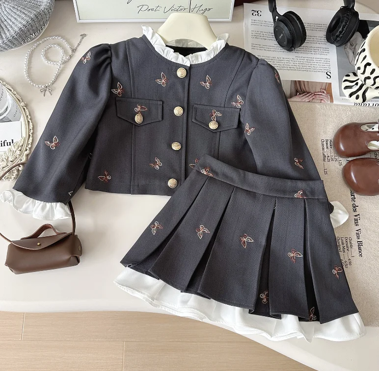 New Baby Girls Fall Boutique Butterfly Sets Coat + Skirts Princess Fashion Suits 2-7T