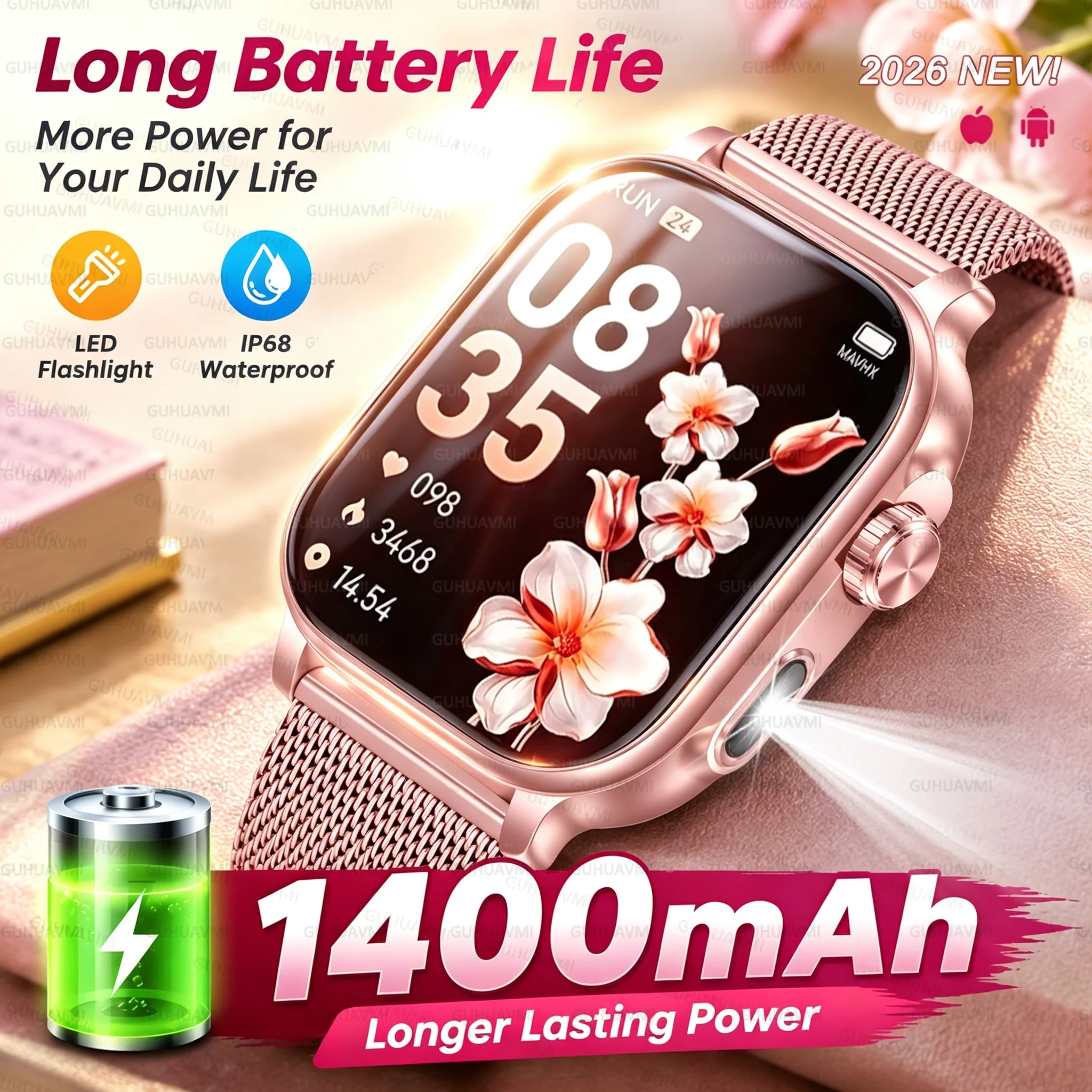 2026 New Smart Watch For Women 1400MAh Wireless Call IP68 Waterproof 100+Sports Modes 24h Health Monitoring For iOS Android Men