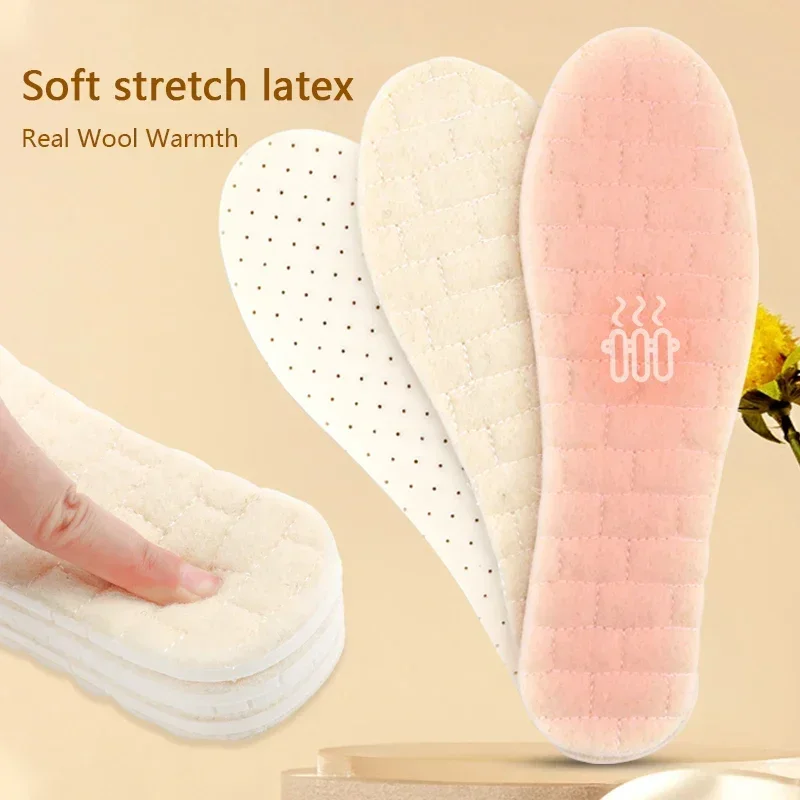 Warm Wool Latex Insoles for Shoes Soft Plantar Fasciitis Relief Comfort Heating Shoe Pads for Snow Boots Inserts for Feet