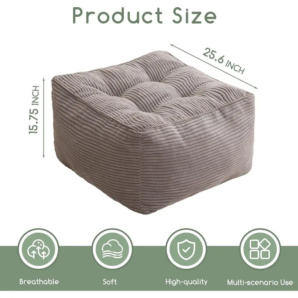 Pouf ottoman rempli de mousse en velours côtelé gris, repose-pieds de rangement carré 25.6 pour le salon